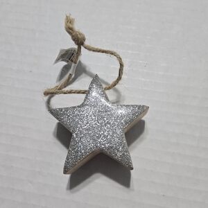 Mini Carved Wood Star Ornament Silver Sparkle Deco Silver Star NEW